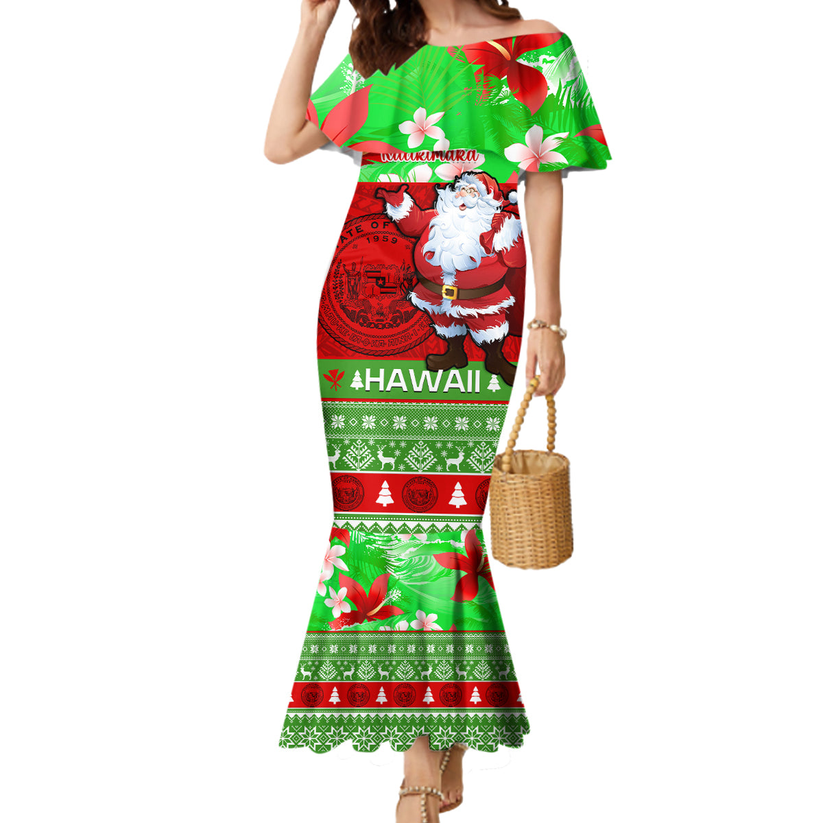 Personalised Hawaii Christmas Mermaid Dress Mele Kalikimaka Hawaiian Santa Tropical Vibes LT14 Women Red - Polynesian Pride