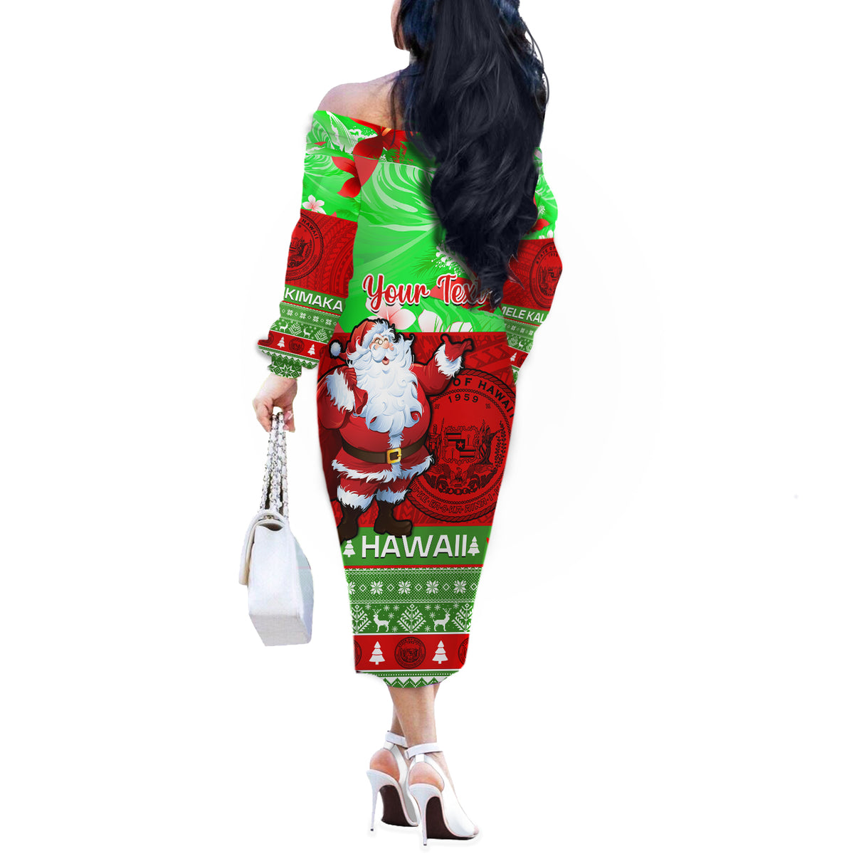 Personalised Hawaii Christmas Off The Shoulder Long Sleeve Dress Mele Kalikimaka Hawaiian Santa Tropical Vibes LT14 - Polynesian Pride