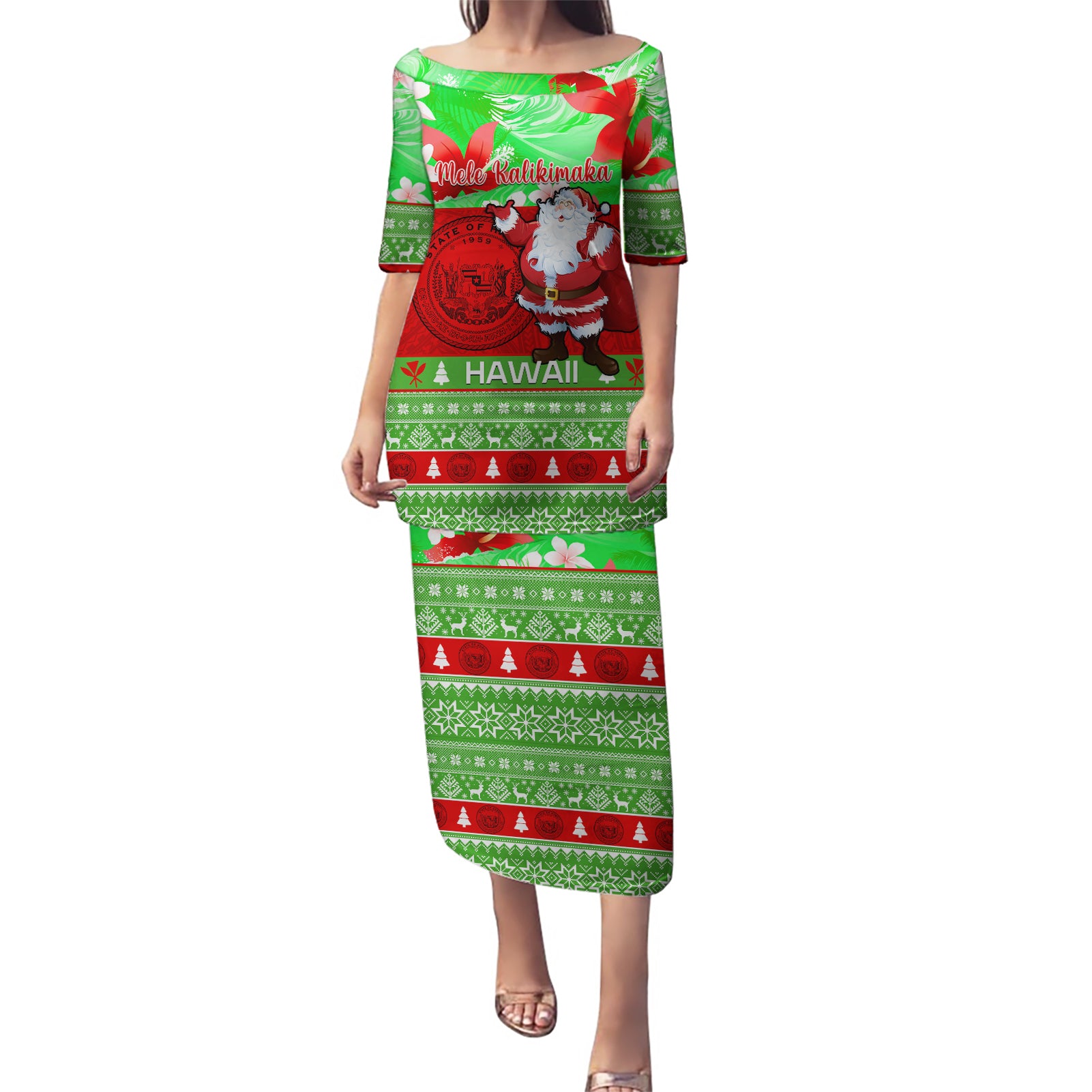 Personalised Hawaii Christmas Puletasi Mele Kalikimaka Hawaiian Santa Tropical Vibes LT14 Long Dress Red - Polynesian Pride