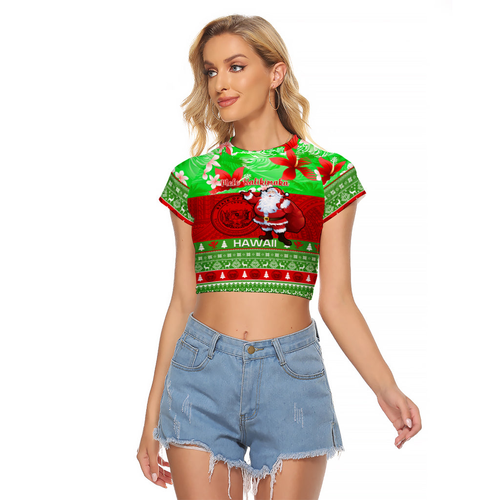 Personalised Hawaii Christmas Raglan Cropped T Shirt Mele Kalikimaka Hawaiian Santa Tropical Vibes LT14 Female Red - Polynesian Pride