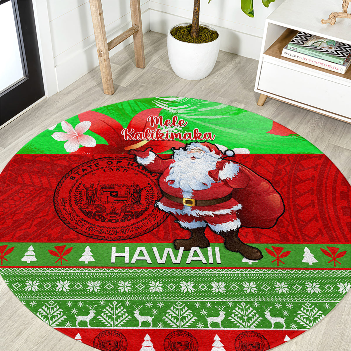 Personalised Hawaii Christmas Round Carpet Mele Kalikimaka Hawaiian Santa Tropical Vibes LT14 Red - Polynesian Pride