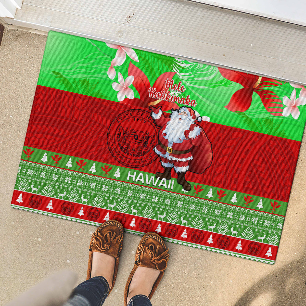 Personalised Hawaii Christmas Rubber Doormat Mele Kalikimaka Hawaiian Santa Tropical Vibes LT14 - Polynesian Pride