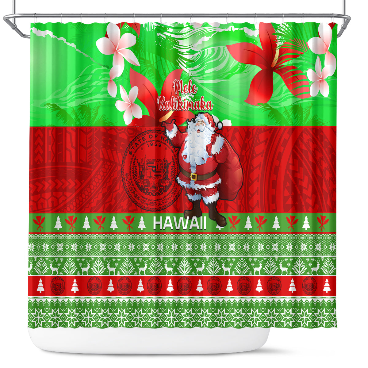 Personalised Hawaii Christmas Shower Curtain Mele Kalikimaka Hawaiian Santa Tropical Vibes LT14 Red - Polynesian Pride