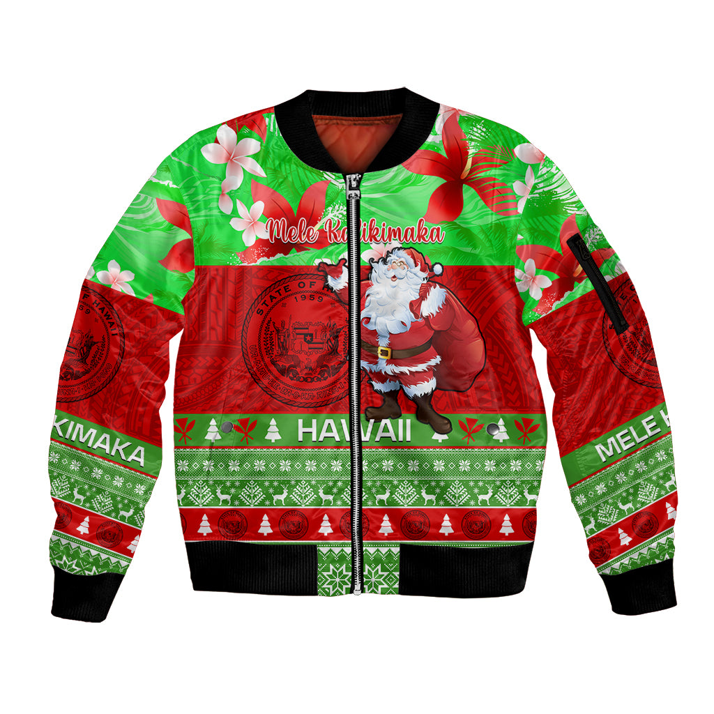 Personalised Hawaii Christmas Sleeve Zip Bomber Jacket Mele Kalikimaka Hawaiian Santa Tropical Vibes LT14 Unisex Red - Polynesian Pride