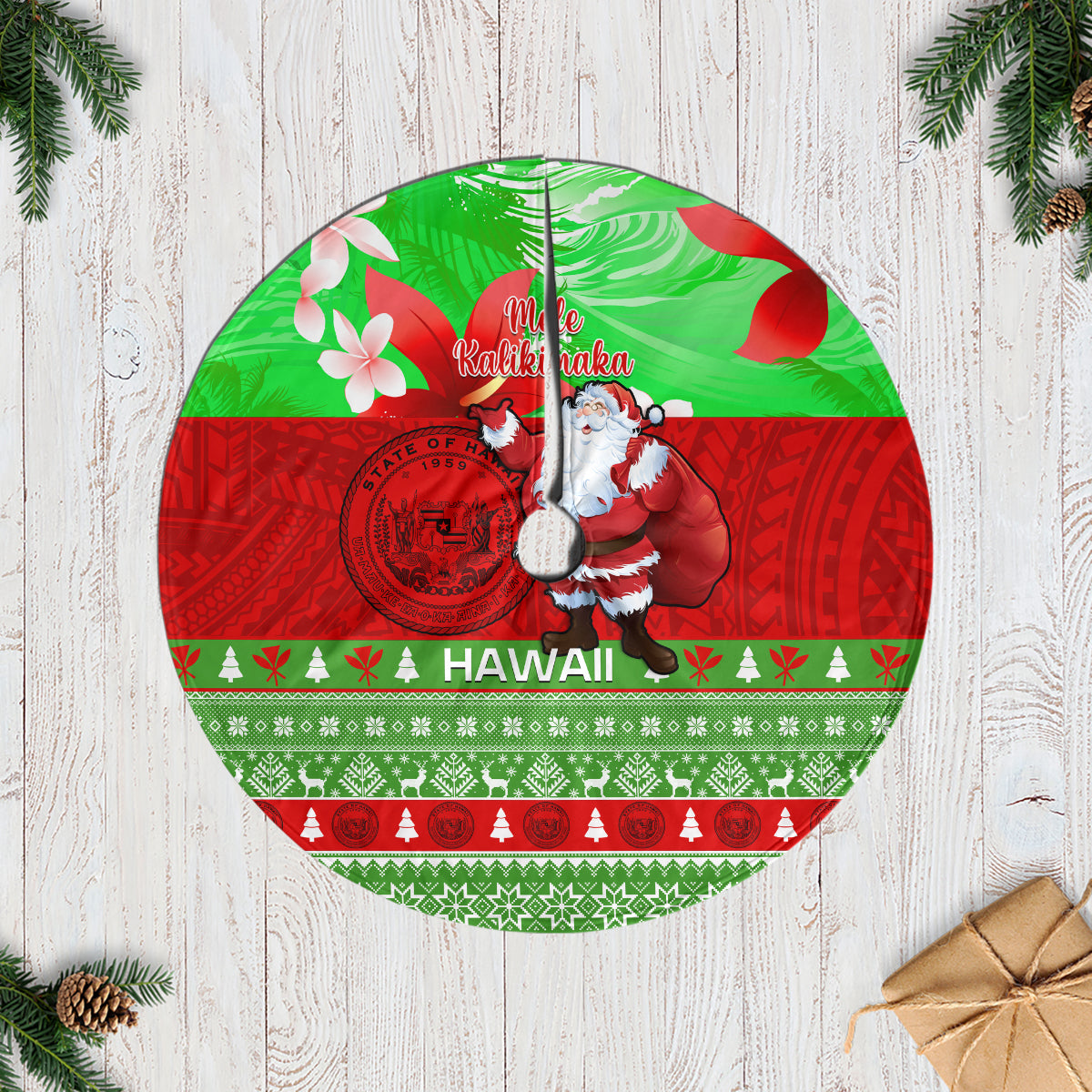 Hawaii Christmas Tree Skirt Mele Kalikimaka Hawaiian Santa Tropical Vibes LT14 Casual Tree Skirts Red - Polynesian Pride