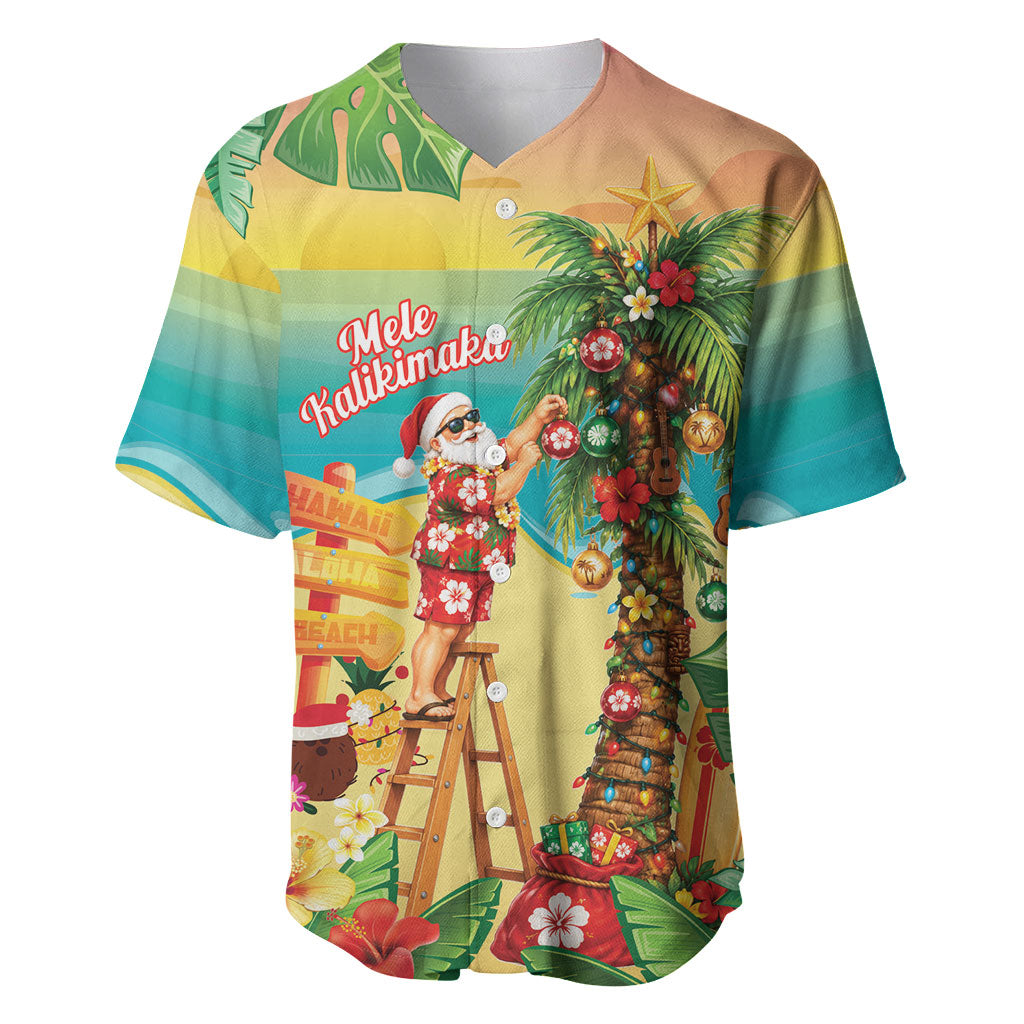 Hawaii Christmas Mele Kalikimaka Baseball Jersey Santa Decorating Xmas Palm Tree Tropical Vibes LT14 Multicolor - Polynesian Pride
