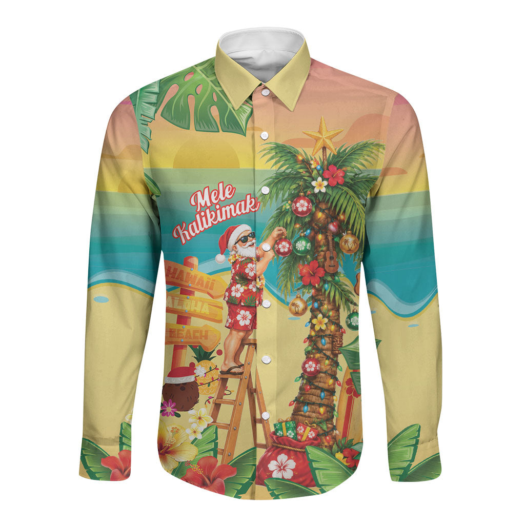 Hawaii Christmas Mele Kalikimaka Long Sleeve Button Shirt Santa Decorating Xmas Palm Tree Tropical Vibes LT14 Unisex Multicolor - Polynesian Pride