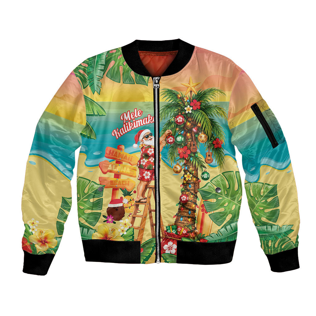 Hawaii Christmas Mele Kalikimaka Sleeve Zip Bomber Jacket Santa Decorating Xmas Palm Tree Tropical Vibes LT14 Unisex Multicolor - Polynesian Pride