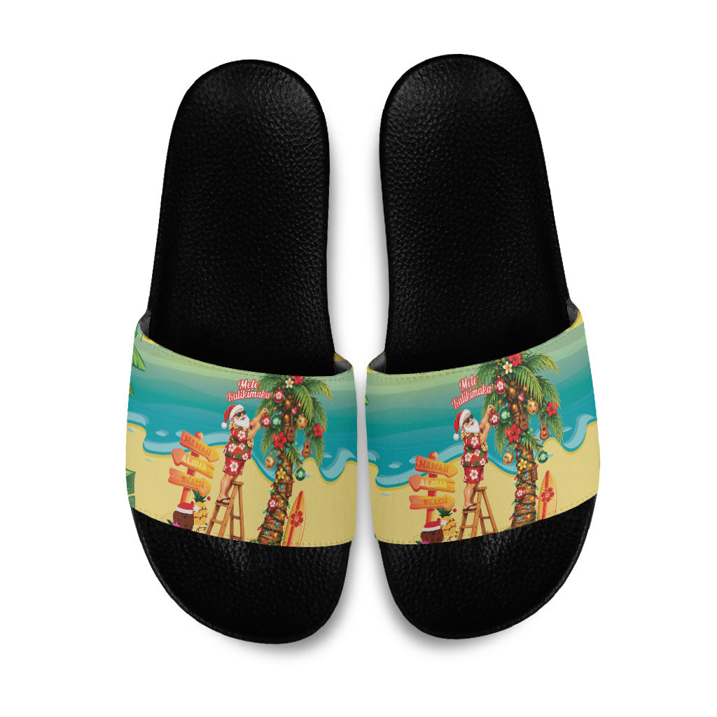 Hawaii Christmas Mele Kalikimaka Slide Sandals Santa Decorating Xmas Palm Tree Tropical Vibes LT14 Multicolor - Polynesian Pride