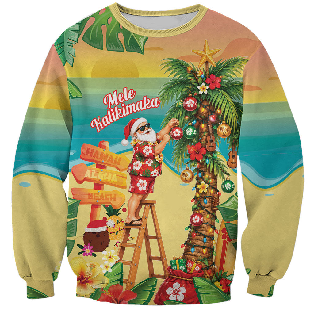 Hawaii Christmas Mele Kalikimaka Sweatshirt Santa Decorating Xmas Palm Tree Tropical Vibes LT14 Unisex Multicolor - Polynesian Pride