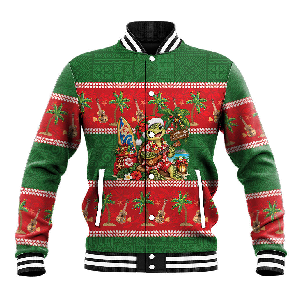 Hawaii Christmas Mele Kalikimaka Baseball Jacket Aloha Turtle Santa With Ukulele LT14 Unisex Red - Polynesian Pride