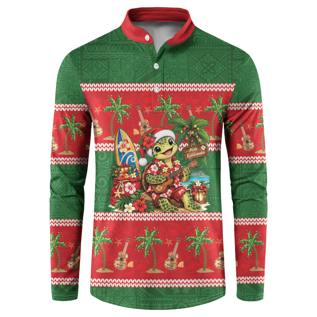 Hawaii Christmas Mele Kalikimaka Button Sweatshirt Aloha Turtle Santa With Ukulele LT14 Red - Polynesian Pride