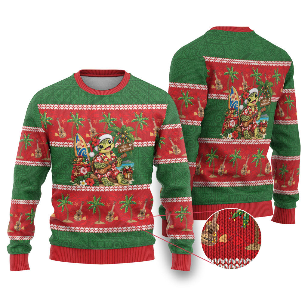 Hawaii Christmas Mele Kalikimaka Ugly Christmas Sweater Aloha Turtle Santa With Ukulele LT14 Red - Polynesian Pride