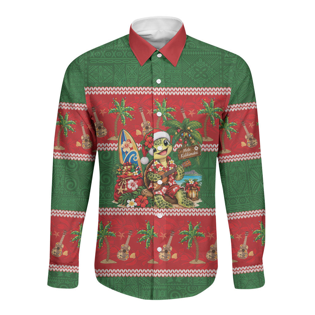 Hawaii Christmas Mele Kalikimaka Long Sleeve Button Shirt Aloha Turtle Santa With Ukulele LT14 Unisex Red - Polynesian Pride