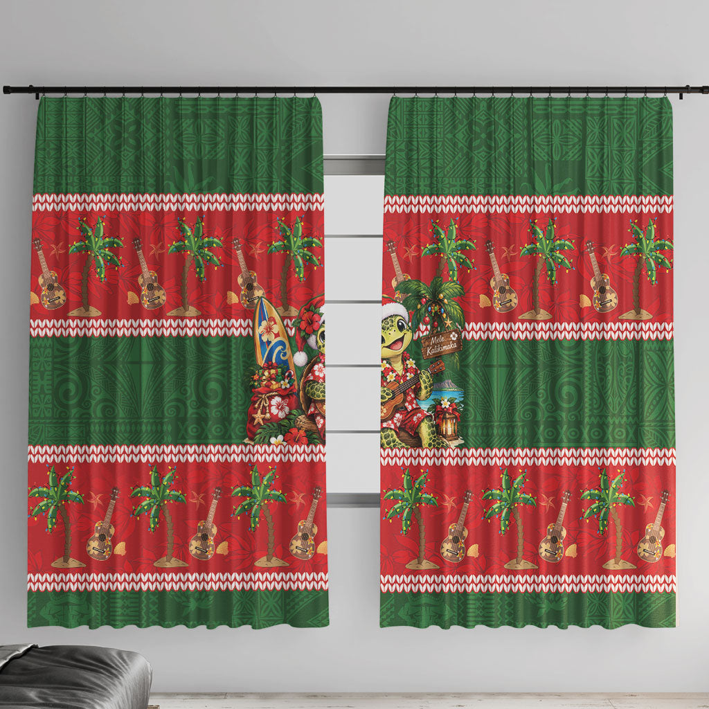Hawaii Christmas Mele Kalikimaka Window Curtain Aloha Turtle Santa With Ukulele LT14 With Hooks Red - Polynesian Pride