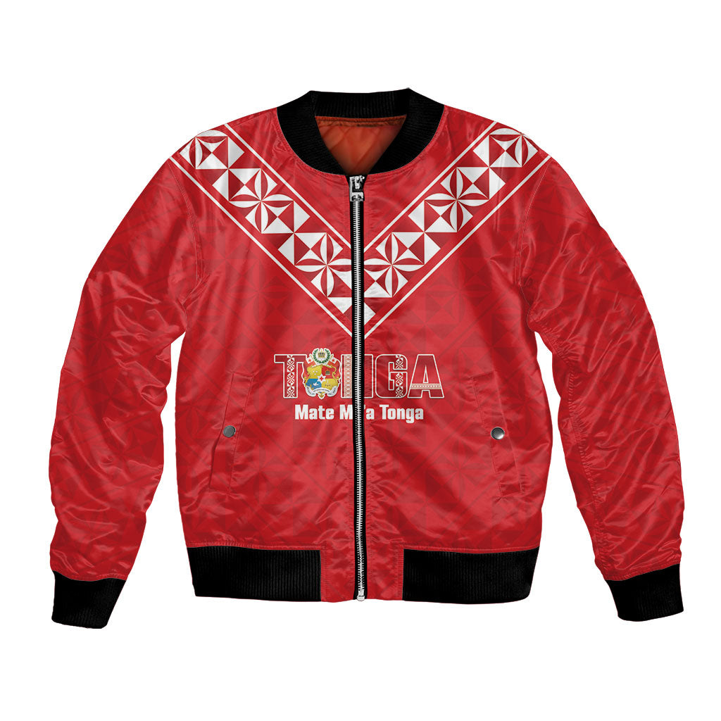 Mate Maa Tonga Rugby Custom Bomber Jacket 2026 Tongan Ngatu Pattern Red LT14 Unisex Red - Polynesian Pride