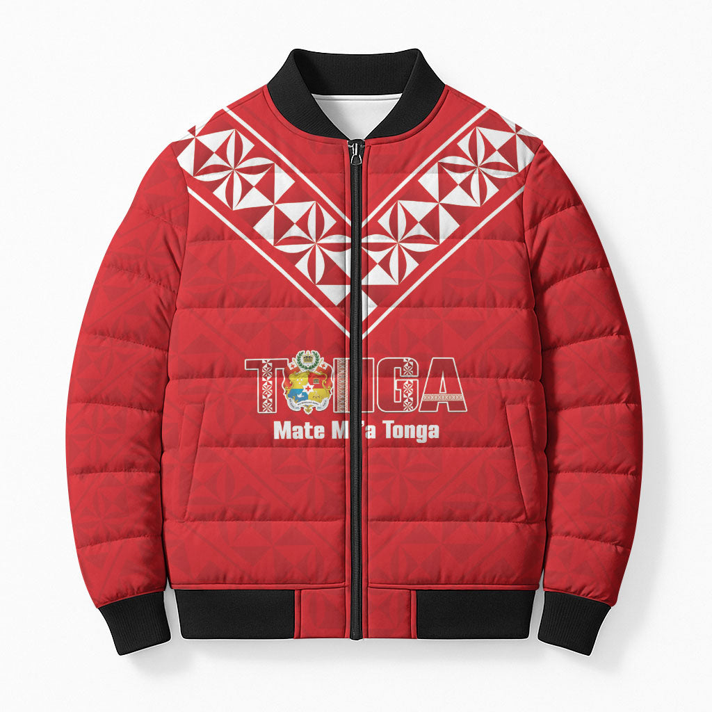 Mate Maa Tonga Rugby Custom Bomber Puffer Jacket 2026 Tongan Ngatu Pattern Red LT14 Unisex Red - Polynesian Pride