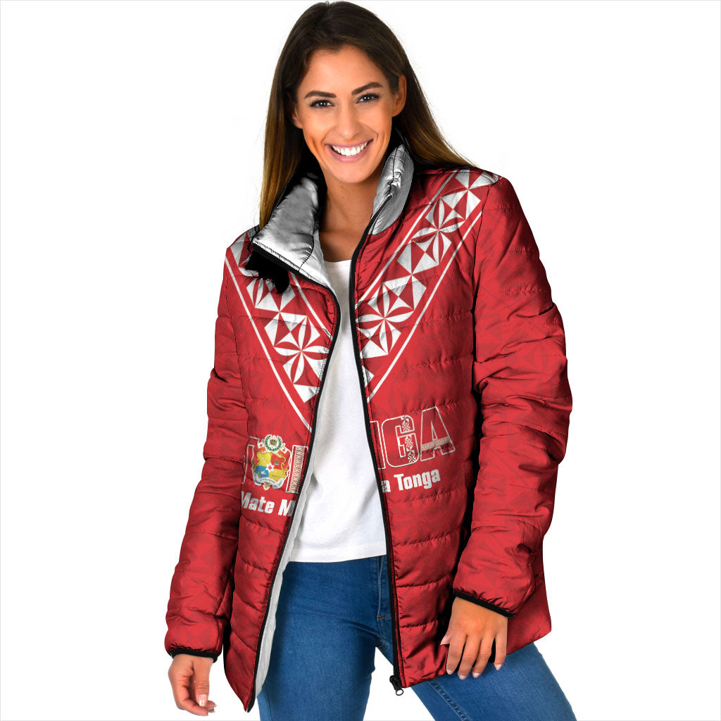 Mate Maa Tonga Rugby Custom Padded Jacket 2026 Tongan Ngatu Pattern Red LT14 Women Red - Polynesian Pride