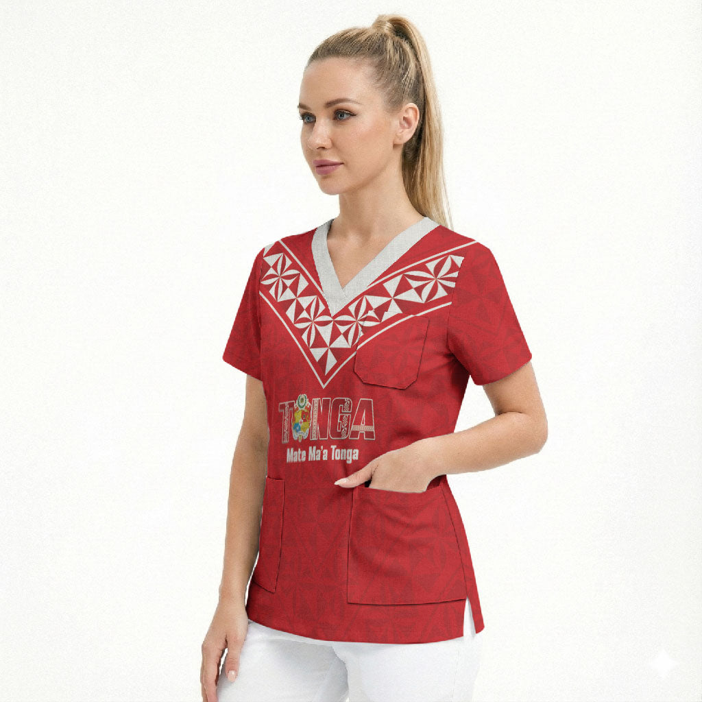Mate Maa Tonga Rugby Custom Scrub Top 2026 Tongan Ngatu Pattern Red LT14 - Polynesian Pride