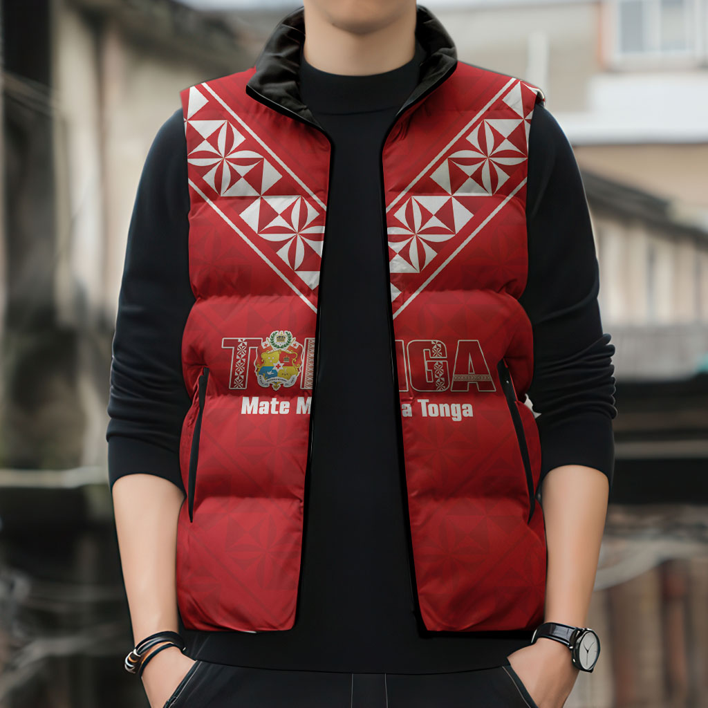 Mate Maa Tonga Rugby Custom Sleeveless Puffer Jacket 2026 Tongan Ngatu Pattern Red LT14 - Polynesian Pride