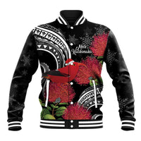 Personalized Mele Kalikimaka Hawaii Baseball Jacket I'iwi Bird With Ohia Lehua - Black Color LT14 Unisex Black - Polynesian Pride