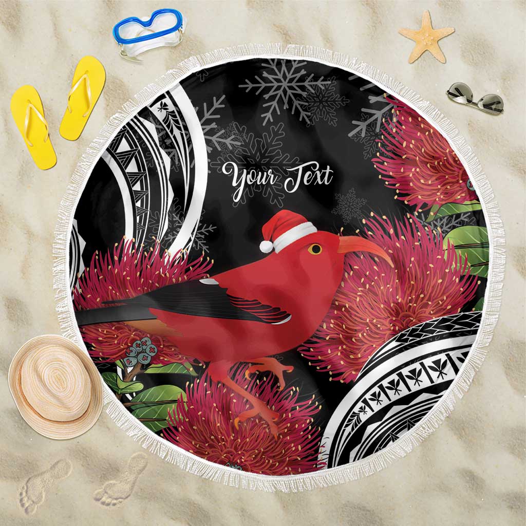 Personalized Mele Kalikimaka Hawaii Beach Blanket I'iwi Bird With Ohia Lehua - Black Color LT14 One Size 150cm Black - Polynesian Pride