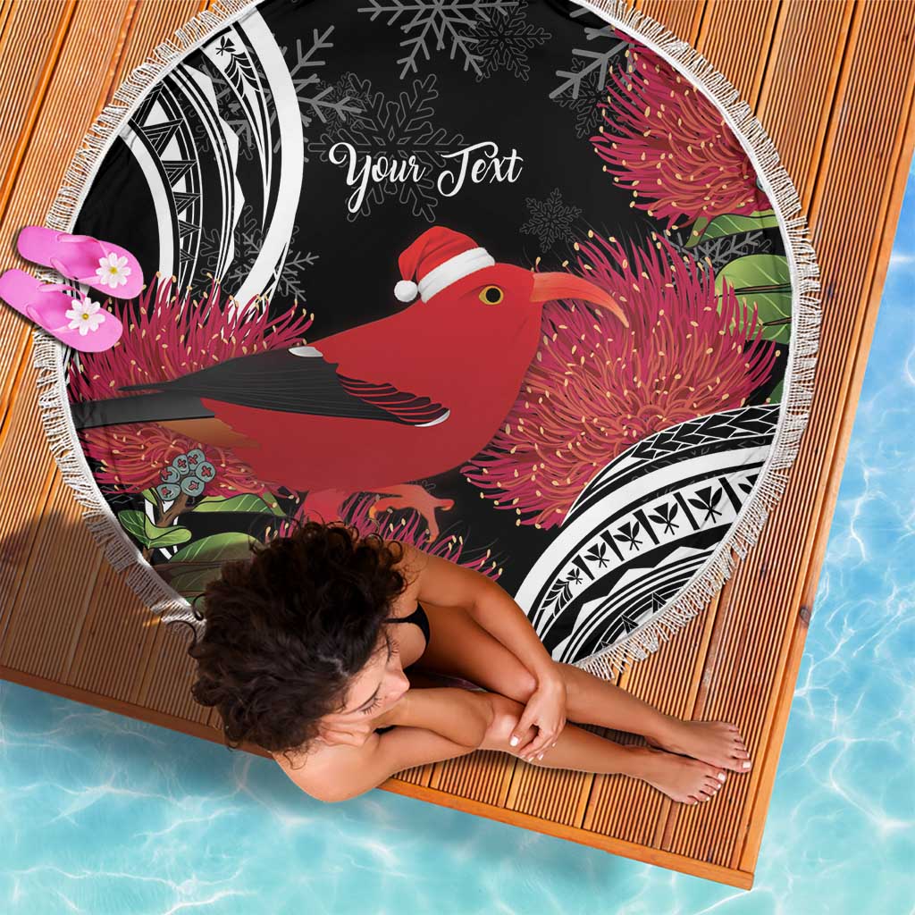 Personalized Mele Kalikimaka Hawaii Beach Blanket I'iwi Bird With Ohia Lehua - Black Color LT14 - Polynesian Pride
