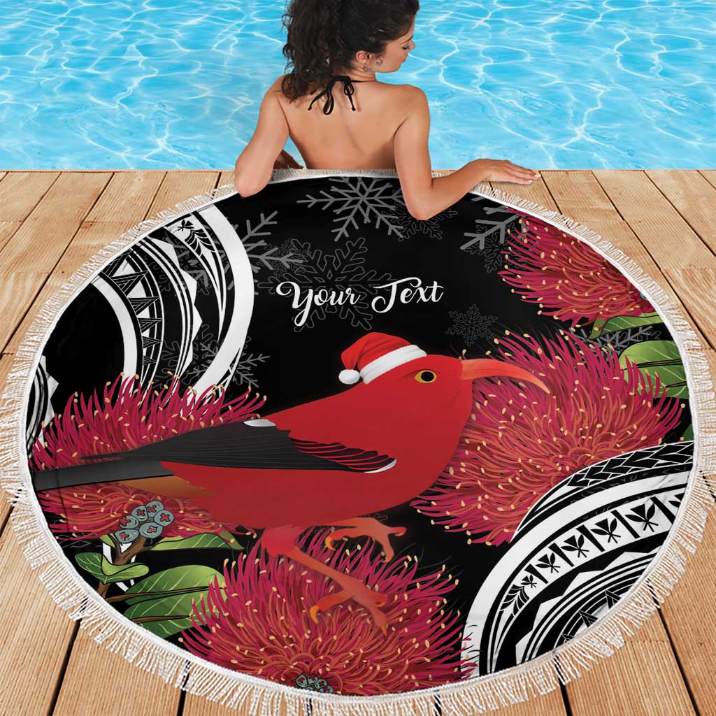 Personalized Mele Kalikimaka Hawaii Beach Blanket I'iwi Bird With Ohia Lehua - Black Color LT14 - Polynesian Pride