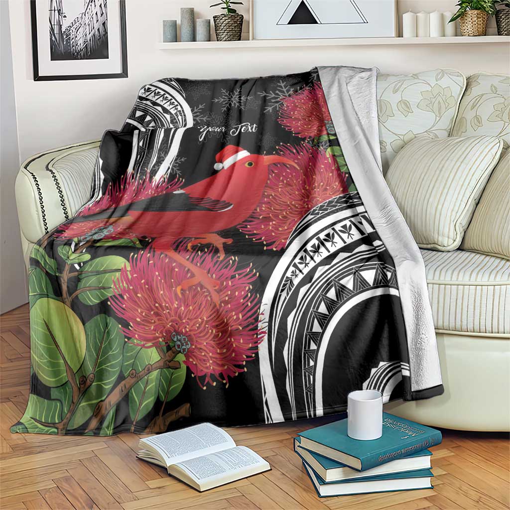 Personalized Mele Kalikimaka Hawaii Blanket I'iwi Bird With Ohia Lehua - Black Color