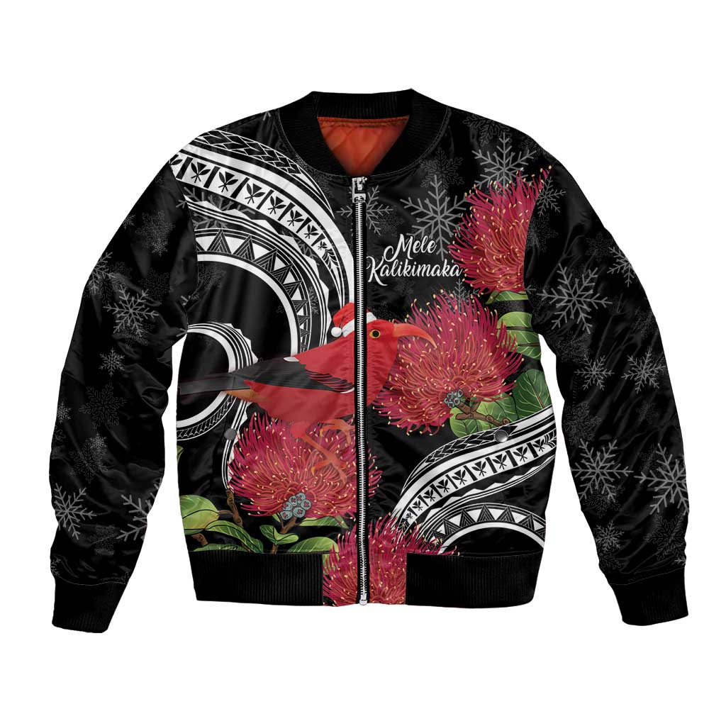 Personalized Mele Kalikimaka Hawaii Bomber Jacket I'iwi Bird With Ohia Lehua - Black Color