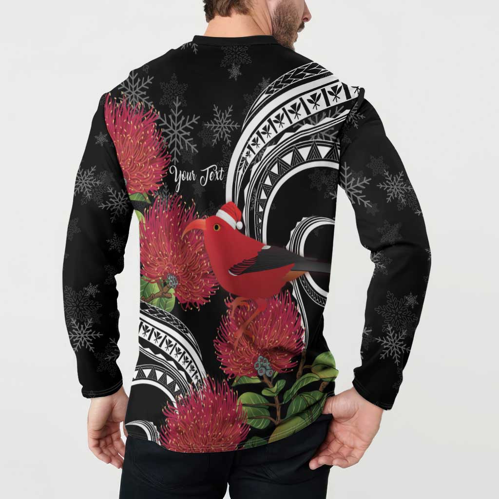 Personalized Mele Kalikimaka Hawaii Button Sweatshirt I'iwi Bird With Ohia Lehua - Black Color LT14 - Polynesian Pride