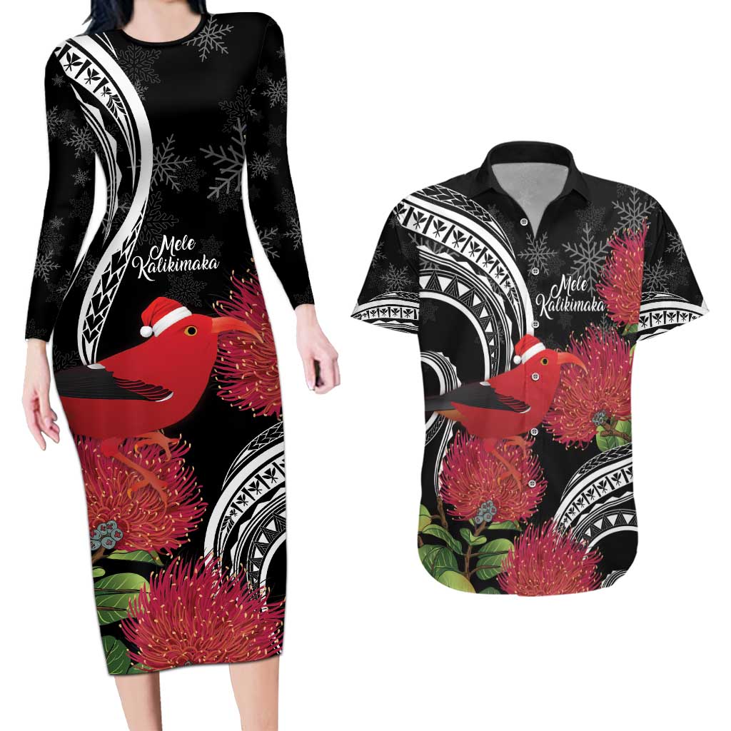 Personalized Mele Kalikimaka Hawaii Couples Matching Long Sleeve Bodycon Dress and Hawaiian Shirt I'iwi Bird With Ohia Lehua - Black Color