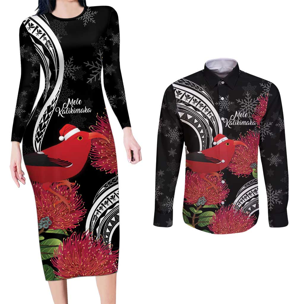 Personalized Mele Kalikimaka Hawaii Couples Matching Long Sleeve Bodycon Dress and Long Sleeve Button Shirt I'iwi Bird With Ohia Lehua - Black Color LT14 Black - Polynesian Pride