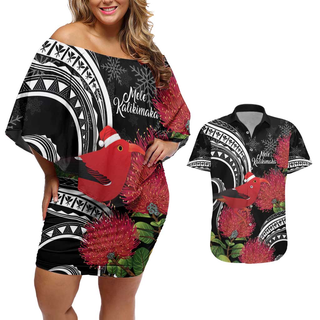 Personalized Mele Kalikimaka Hawaii Couples Matching Off Shoulder Short Dress and Hawaiian Shirt I'iwi Bird With Ohia Lehua - Black Color LT14 Black - Polynesian Pride