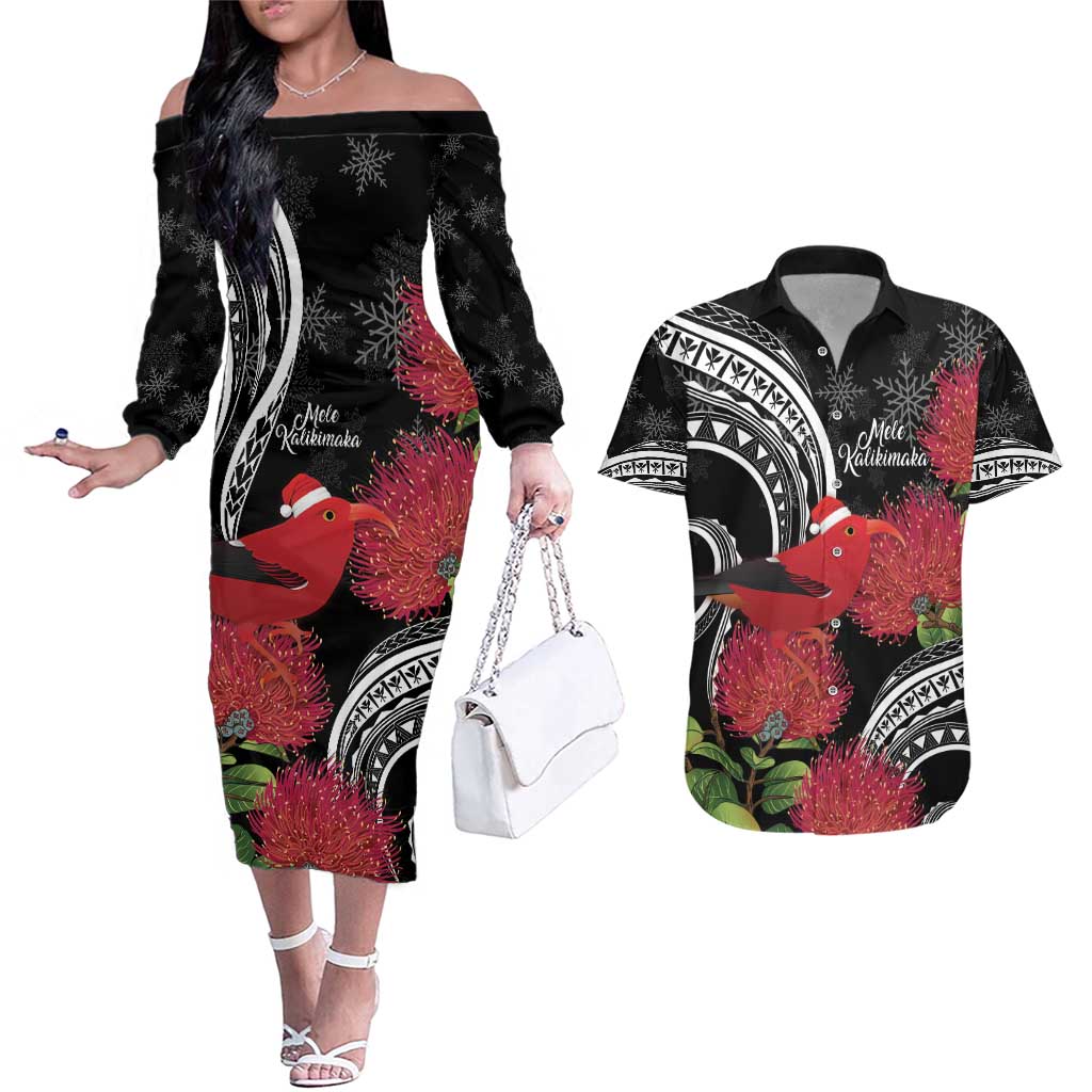 Personalized Mele Kalikimaka Hawaii Couples Matching Off The Shoulder Long Sleeve Dress and Hawaiian Shirt I'iwi Bird With Ohia Lehua - Black Color