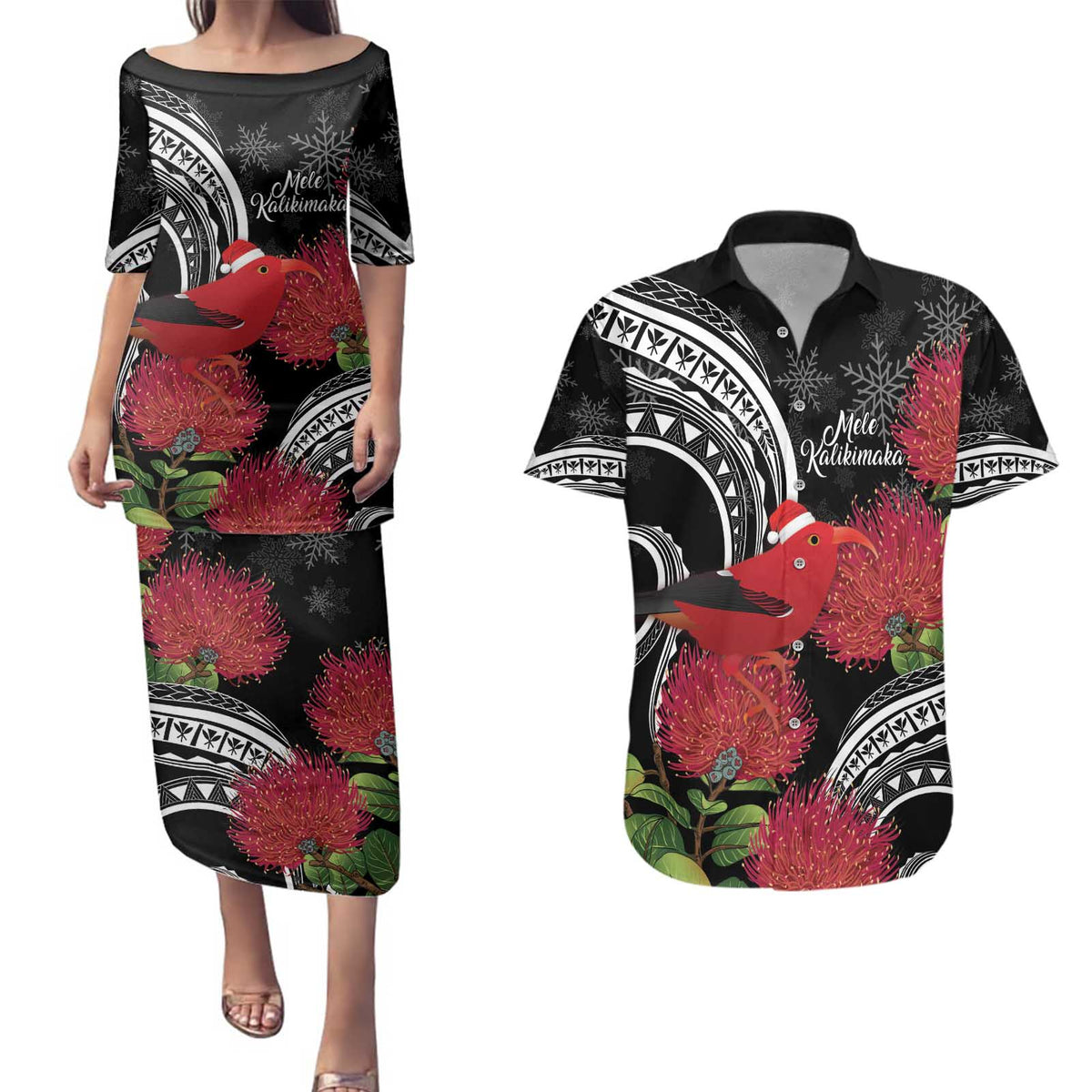 Personalized Mele Kalikimaka Hawaii Couples Matching Puletasi and Hawaiian Shirt I'iwi Bird With Ohia Lehua - Black Color