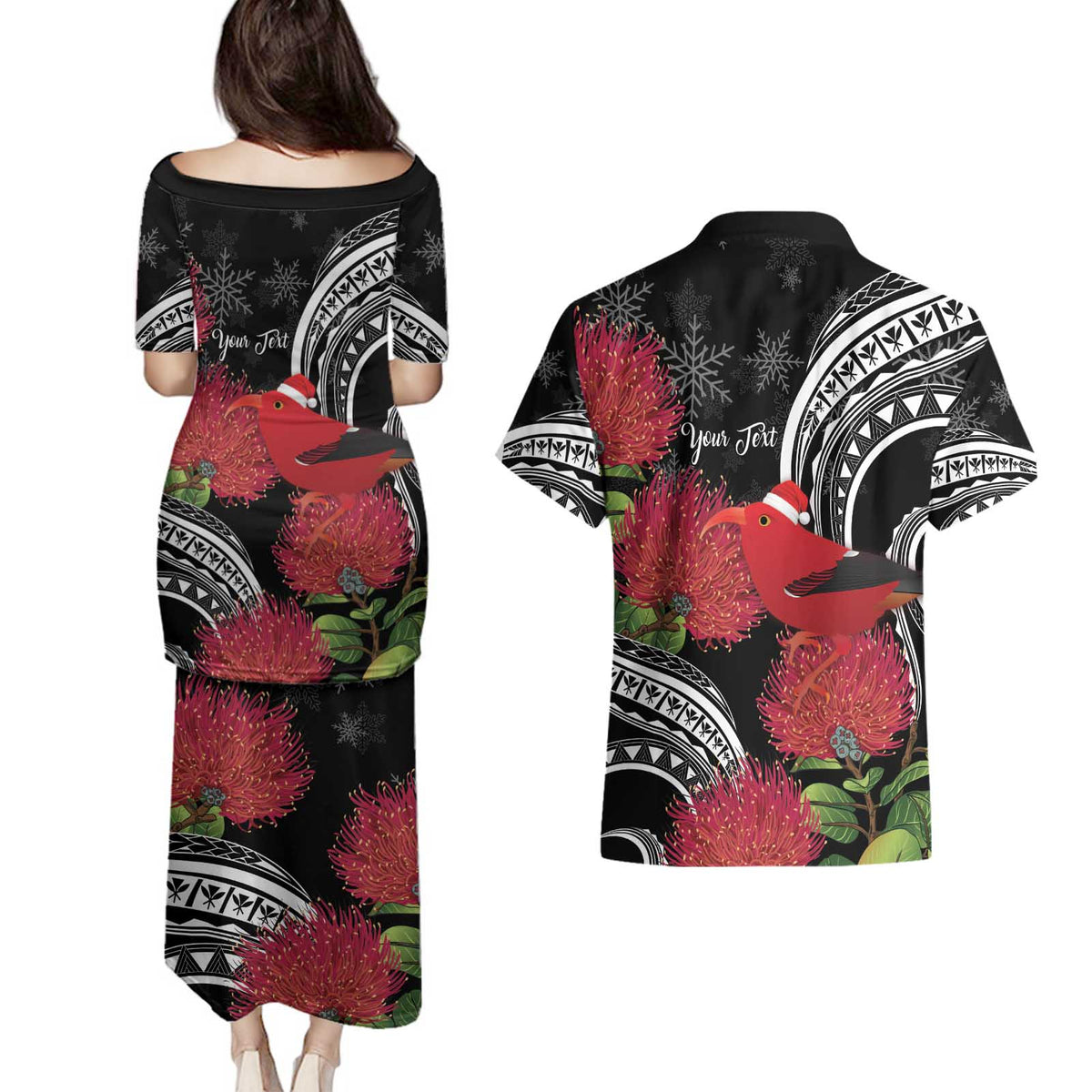 Personalized Mele Kalikimaka Hawaii Couples Matching Puletasi and Hawaiian Shirt I'iwi Bird With Ohia Lehua - Black Color
