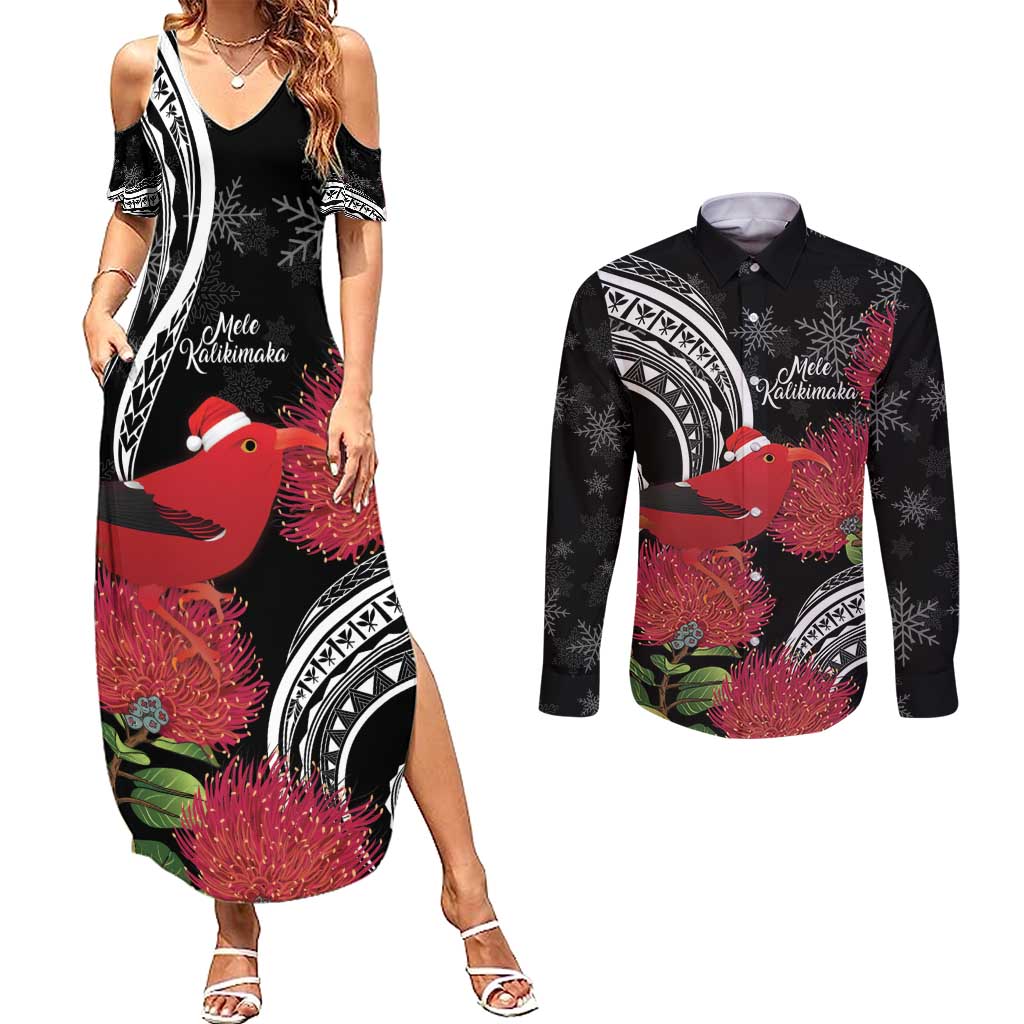 Personalized Mele Kalikimaka Hawaii Couples Matching Summer Maxi Dress and Long Sleeve Button Shirt I'iwi Bird With Ohia Lehua - Black Color LT14 Black - Polynesian Pride