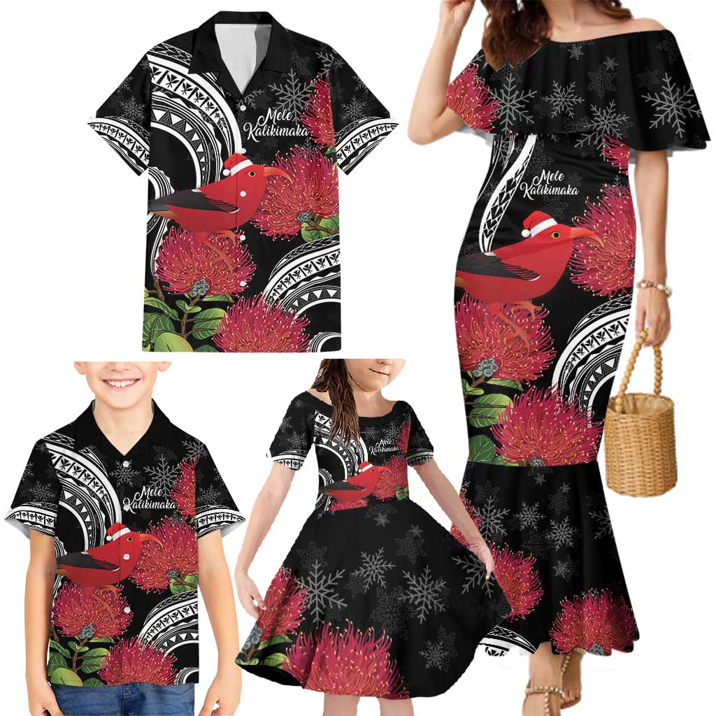 Personalized Mele Kalikimaka Hawaii Family Matching Mermaid Dress and Hawaiian Shirt I'iwi Bird With Ohia Lehua - Black Color