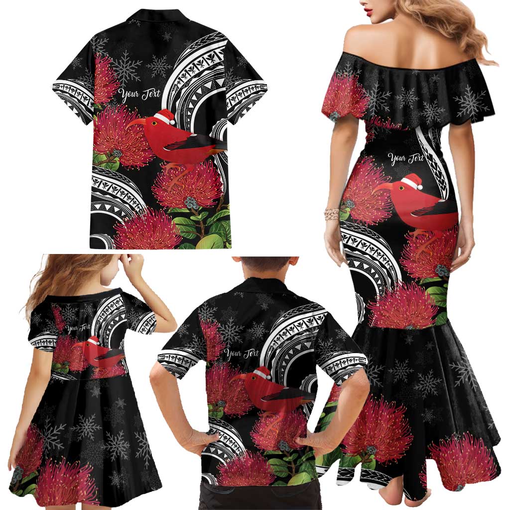 Personalized Mele Kalikimaka Hawaii Family Matching Mermaid Dress and Hawaiian Shirt I'iwi Bird With Ohia Lehua - Black Color