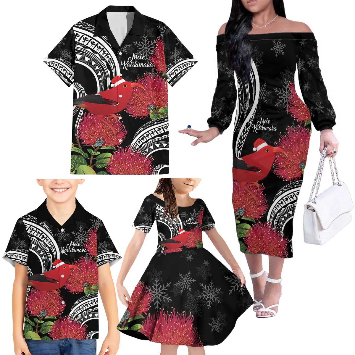 Personalized Mele Kalikimaka Hawaii Family Matching Off The Shoulder Long Sleeve Dress and Hawaiian Shirt I'iwi Bird With Ohia Lehua - Black Color