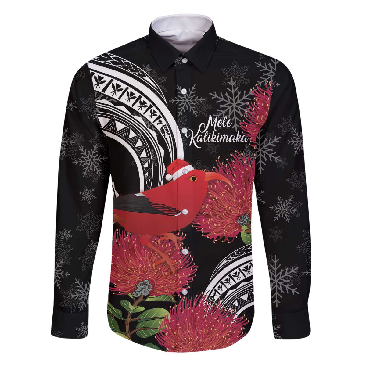 Personalized Mele Kalikimaka Hawaii Family Matching Off The Shoulder Long Sleeve Dress and Hawaiian Shirt I'iwi Bird With Ohia Lehua - Black Color