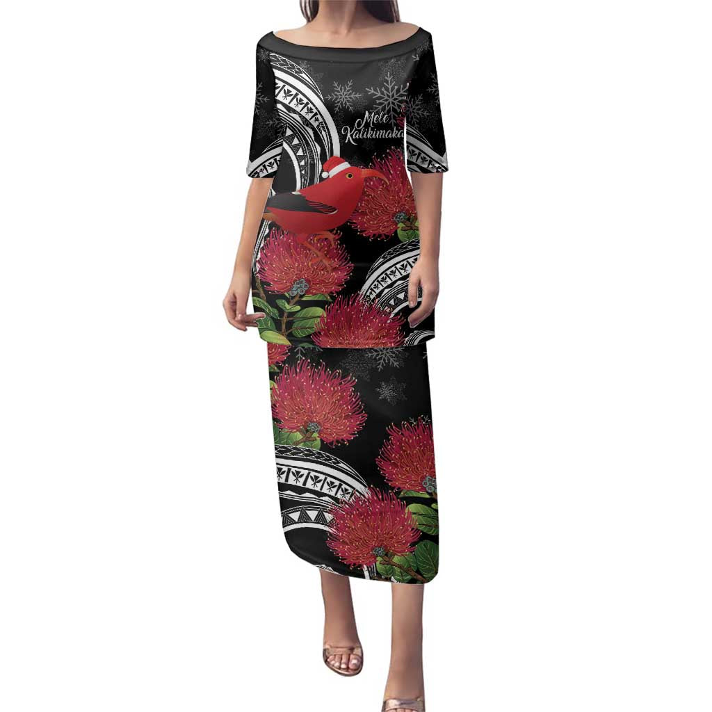Personalized Mele Kalikimaka Hawaii Family Matching Puletasi and Hawaiian Shirt I'iwi Bird With Ohia Lehua - Black Color