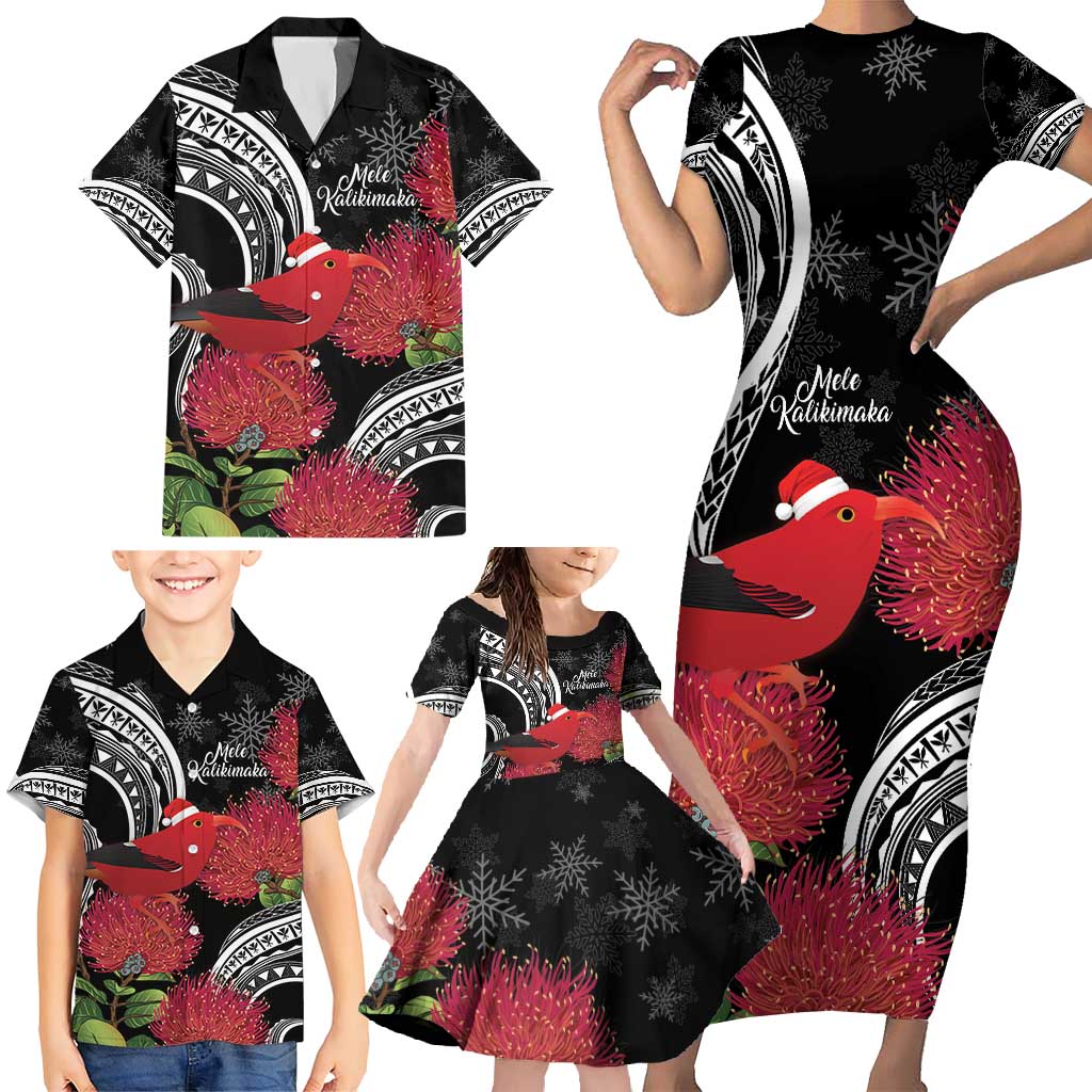 Personalized Mele Kalikimaka Hawaii Family Matching Short Sleeve Bodycon Dress and Hawaiian Shirt I'iwi Bird With Ohia Lehua - Black Color