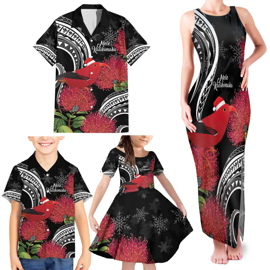 Personalized Mele Kalikimaka Hawaii Family Matching Tank Maxi Dress and Hawaiian Shirt I'iwi Bird With Ohia Lehua - Black Color