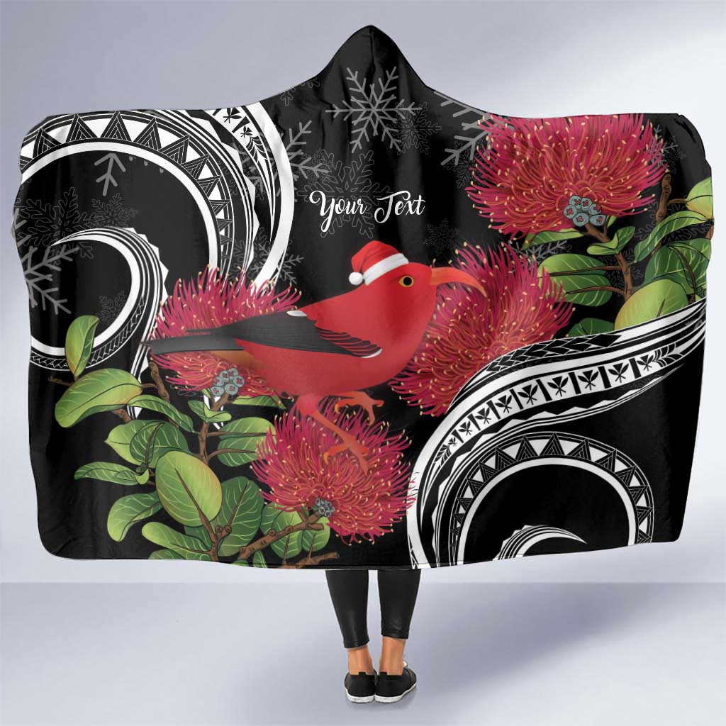 Personalized Mele Kalikimaka Hawaii Hooded Blanket I'iwi Bird With Ohia Lehua - Black Color LT14 One Size Black - Polynesian Pride