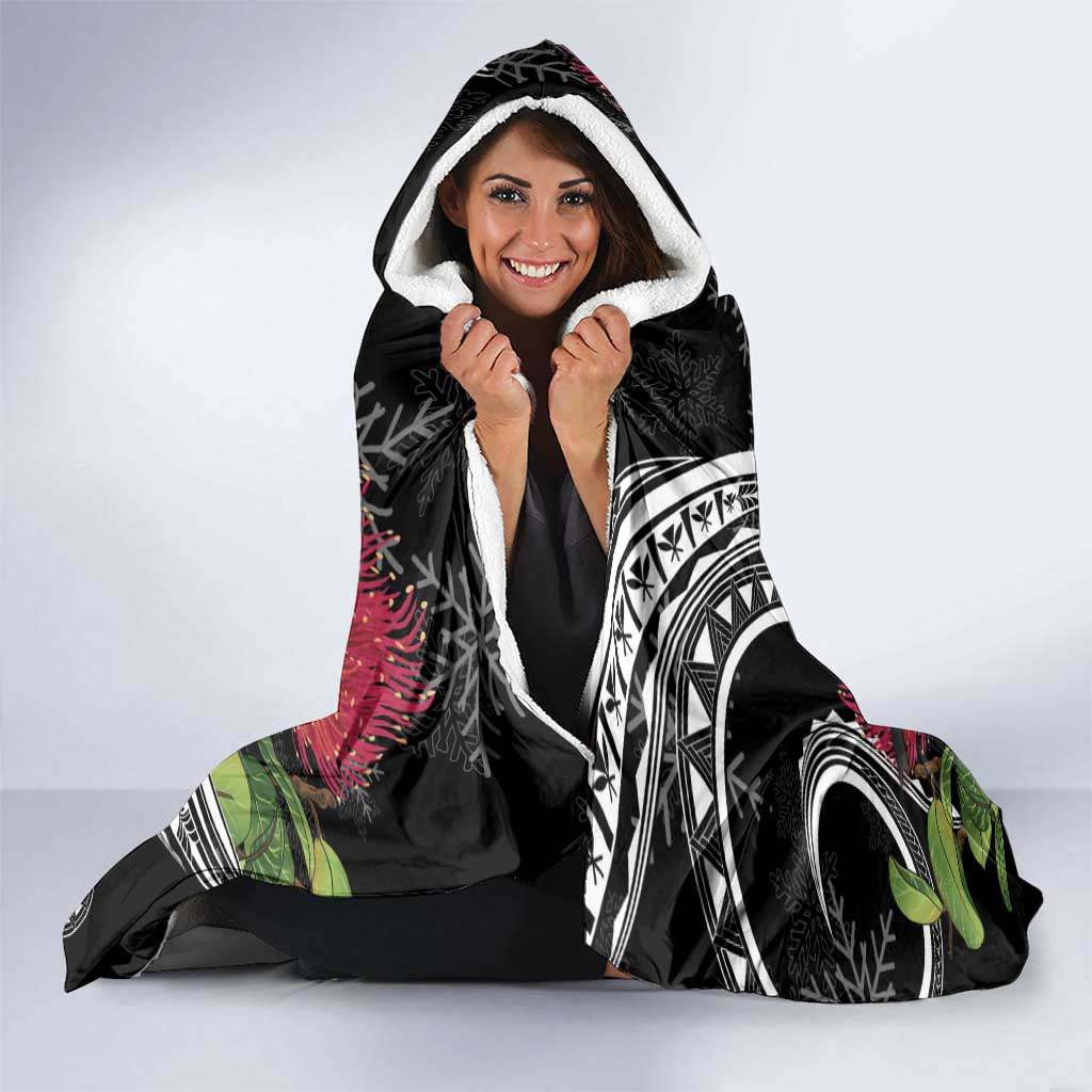 Personalized Mele Kalikimaka Hawaii Hooded Blanket I'iwi Bird With Ohia Lehua - Black Color LT14 - Polynesian Pride