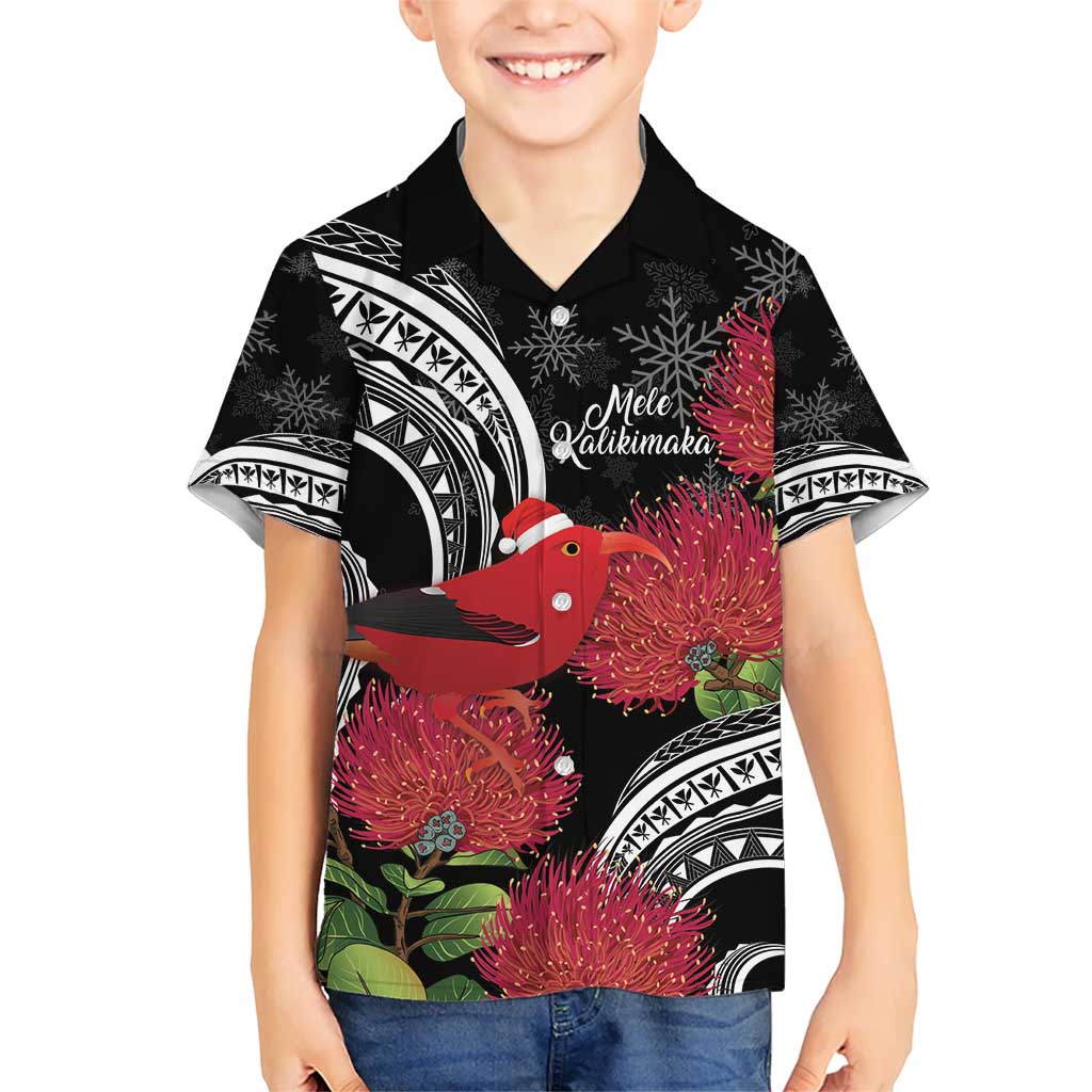Personalized Mele Kalikimaka Hawaii Kid Hawaiian Shirt I'iwi Bird With Ohia Lehua - Black Color