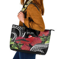 Personalized Mele Kalikimaka Hawaii Leather Tote Bag I'iwi Bird With Ohia Lehua - Black Color LT14 Black - Polynesian Pride