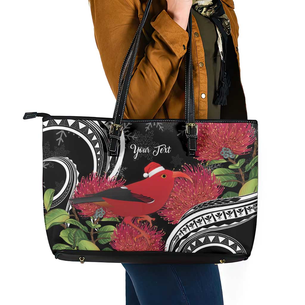 Personalized Mele Kalikimaka Hawaii Leather Tote Bag I'iwi Bird With Ohia Lehua - Black Color LT14 - Polynesian Pride